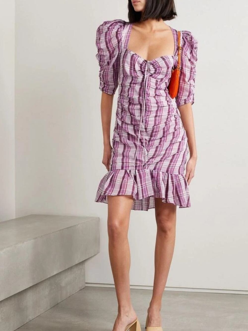 NWT Isabel Marant Etoile Galdino ruched checked cotton-voile mini sz 40 US 8